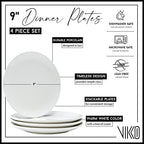 Vikko Dinner Plate, Set of 4 White Plates, Ceramic Dinner Plates Set, Stackable 9 Inch Dinner Plates for Every Day and Special Occasion, Restaurant Style, Dishwasher Safe, Microwave Safe