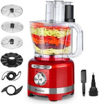 Homtone 16 Cup Food Processor, Large Food Processors, 6 Preset Modes Vegetable Chopper Electric, 6 Blades 8 Functions for Home Use, Stepless Speed Control, 650W, Red