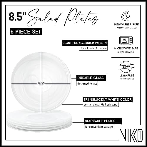 Vikko Lunch Plates, Set of 4 White Alabaster Plates, 8.5" Plate with Marbelized, Swirl Design, Elegant Glass Entrée Plate, Dishwasher Safe
