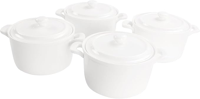 Mini Casserole Dish With Lids, Porcelain Baking Cocotte Set of 4, French Onion Soup 27 oz, Ramekins for Soup, Casseroles, Leftovers, Kitchen Cooking - Microwaves, Oven and Dishwasher Safe