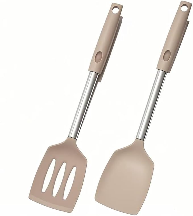 Silicone Spatulas Turners, Solid & Slotted Silicone Spatula Set, Non Stick Turners,Ailsoes Heat Resistant BPA Free Rubber Spatulas for Fish, Eggs, Pancakes, WOK，2 Pack (Khaki)