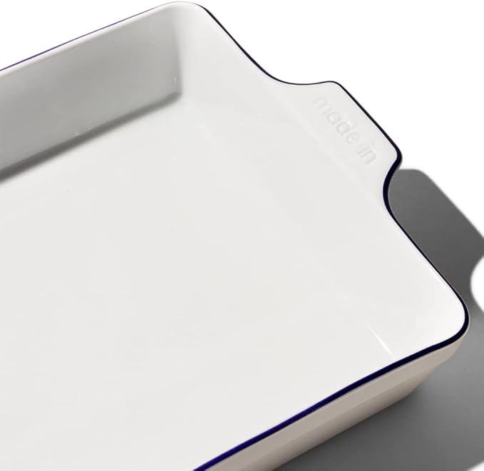 Made In Cookware - Rectangular Baking Dish - Navy Rim - Hand Crafted Porcelain - Professional Bakeware - Made in France