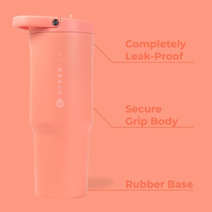 HydroJug Sport - Stainless Steel Tumbler with Straw, Vacuum Insulated, 32oz Leakproof Water Bottle, Ergonomic Design, Reusable, Dishwasher Safe, Rubber Base, Durable for Gym or Outdoors, Summer Peach