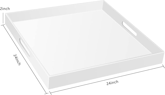 24×24 Inches Glossy White Acrylic Serving Tray with Handles Extra Large Ottoman Tray Decorative Trays Spill-Proof Coffee Table Space Saver Oversize Counter top Organizer Platter with Safe Edge