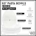 Vikko Pasta Bowls, 8.5 Inch Salad Bowls, White Soup Bowls, Fine Bone China Pasta Bowls, Set of 6, Microwave and Dishwasher Safe