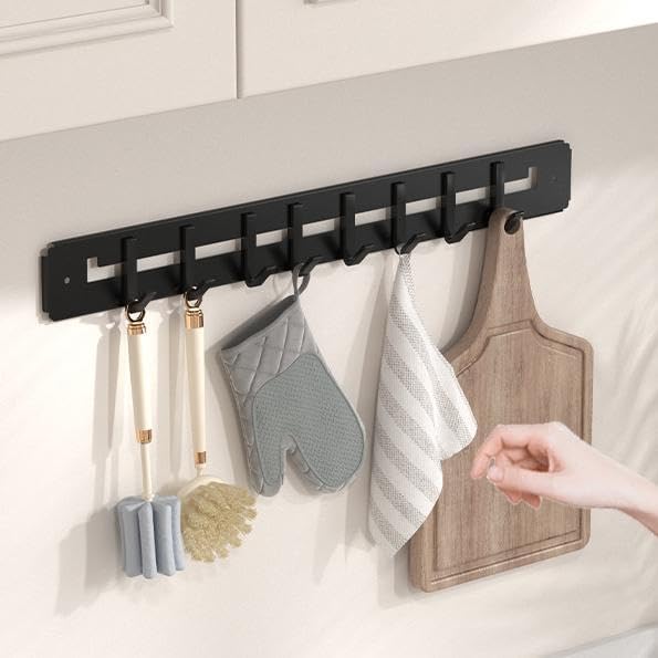 Adjustable Wall Mount Utensil Rack, Black Metal,8 Movable Hooks, 17.32x1.85 Inch, for Kitchen, Bathroom Storage