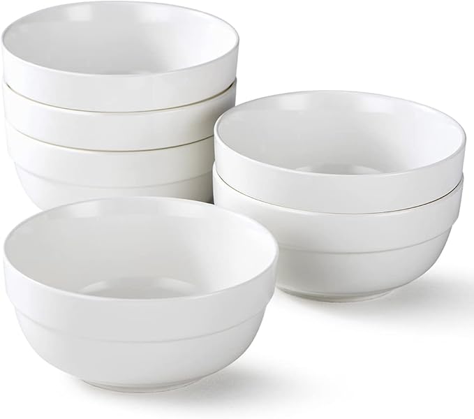 HAPPY KIT 6inch Ceramic Soup Bowls, Cereal Bowl Set of 6, 24OZ for Kitchen, Cereal Soup Rice Pasta Salad Oatmeal, Thick-edge Non-slip Design