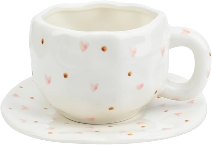 Koythin Ceramic Coffee Mug with Saucer Set, Cute Red Heart Dots Cup Unique for Office and Home, 10 oz/300 ml for Latte Tea Milk