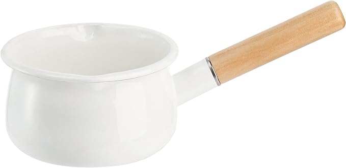 Jucoan 1 Quart Enamel Milk Pan with Dual Pour Spout, Small Enamel on Steel Saucepan Milk Pot Butter Warmer with Wooden Handle, Stove Top Soup Pot Simmer Pot for Home Kitchen Cooking Heating Boiling