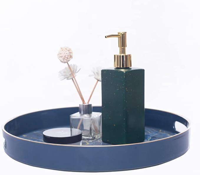 MAONAME 13" Round Decorative Tray, Marbling Plastic Tray with Handles, Coffee Table Trays for Ottoman, Kitchen, Bathroom, Blue