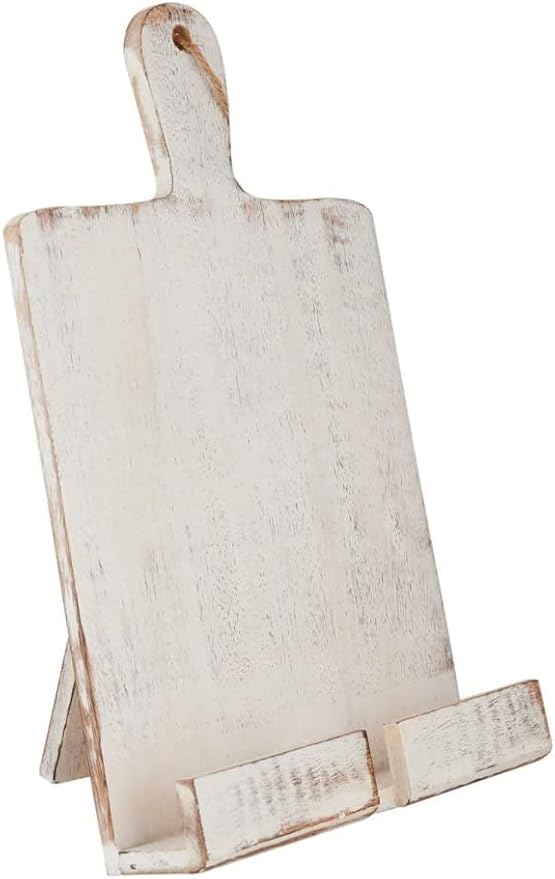 Wedding Gift Wooden Cookbook Stand Chopping Board Style Foldable Recipe Book Stand Holder Easel for Kitchen Text Book Tablet L 9.5 x B 1.5 x H 14 inches (White)