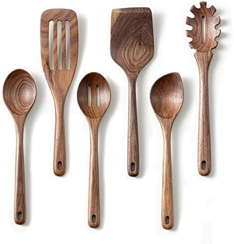Gudamaye 12 inch Black walnut Wooden spoons for cooking, 6 PCES Long Handel Wooden Spoons, Natural Black walnut Wooden utensil for cooking, Wooden Kitchen Utensil set