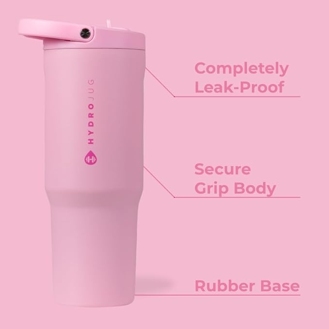 HydroJug Sport - Stainless Steel Tumbler with Straw, Vacuum Insulated, 40oz Leakproof Water Bottle, Ergonomic Design, Reusable, Dishwasher Safe, Rubber Base, Durable for Gym or Outdoors, Blush