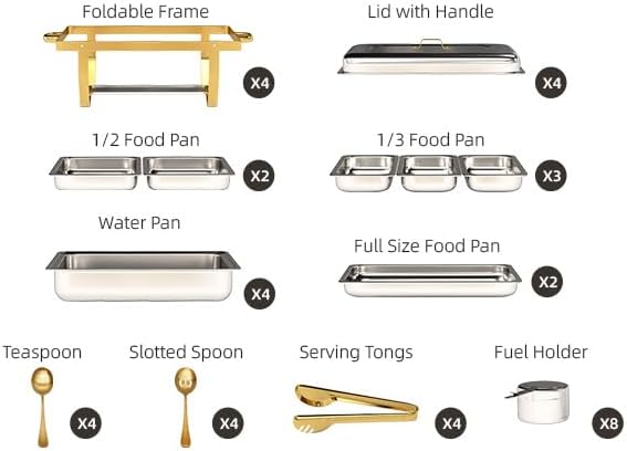 4 Pack Stainless Steel Chafing Dishes for Buffet, 9 QT Capacity 7 Pans Food Warmers for Parties, Weddings, Events Hosting, Family Gatherings, Full Set Catering Server with Serving Utensils Accessories