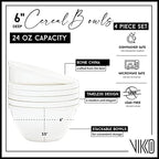 Vikko Cereal Bowls, Large 24 Ounce Dessert Bowls, White Cereal Bowls, Fine Bone China Bowls, Set of 4, Microwave and Dishwasher Safe