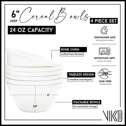 Vikko Cereal Bowls, Large 24 Ounce Dessert Bowls, White Cereal Bowls, Fine Bone China Bowls, Set of 4, Microwave and Dishwasher Safe