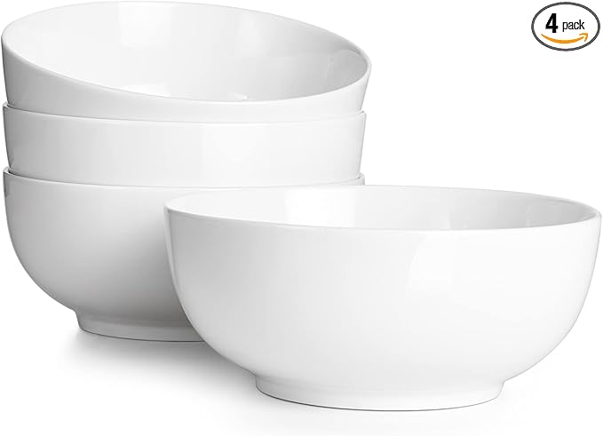 DOWAN 39 OZ Large Deep Bowls Set of 4 - White Ceramic Bowls for Ramen, Pasta, Salad, Mixed Fruit - Dishwasher & Microwave Safe (Soft White)