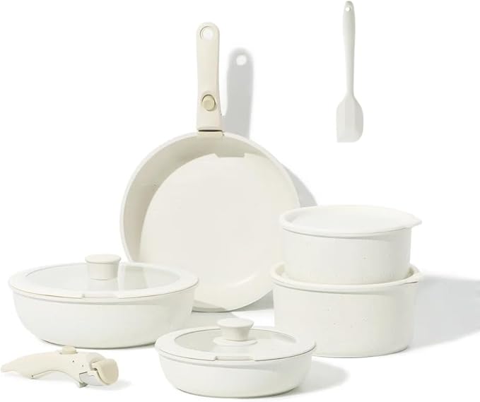 7-Piece Detachable Handle Non-Stick Cookware Set,with Beige Granite Texture Pots And Pans Set With Resistant to High Temperatures, Oven Safe, PFAS Free