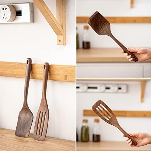 Gudamaye 12 inch Black walnut Wooden spoons for cooking, 6 PCES Long Handel Wooden Spoons, Natural Black walnut Wooden utensil for cooking, Wooden Kitchen Utensil set