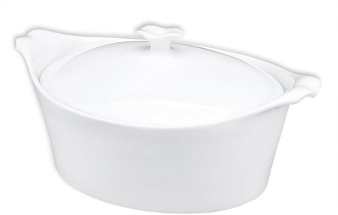 7" x 6" Ceramic Oval Casserole Dish with Lids, 30 Oz White French Serving Soup Tureens, Baking Dish with Handle 9.4 IN, for Casseroles, Cookware Set, Microwave, Oven Safe