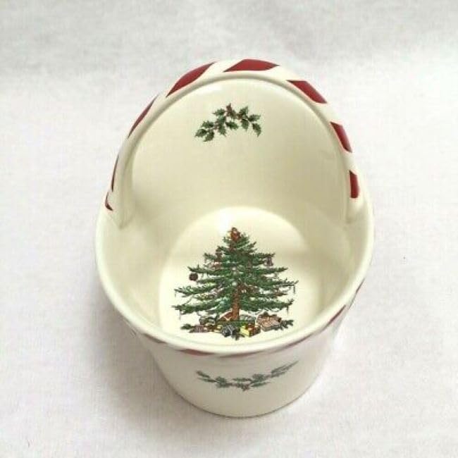 Spode Christmas Tree Candy Basket, 6.5-Inch Candy Bowl with Peppermint Handle for Holiday Snacks, Earthenware Christmas Gift, Festive Holiday Serveware & Holiday Display Bowl, Seasonal Décor