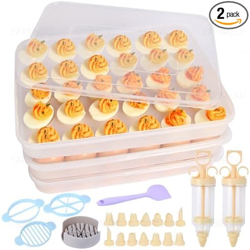 90 Deviled Egg Containers with Lid (Set 3),Plastic Deviled Egg Tray Carrier with Handl Injector Piping Tool,Clear Storage Deviled Egg Platter Holder for Refrigerator Party Picnic Party Events Serving
