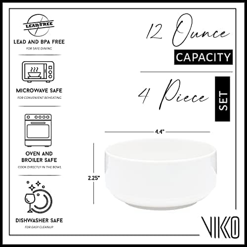 Vikko White Soup Bowls, Set of 4 for Kitchen, 12 Ounce Cereal, Small Ceramic Rice Bowls, Side Dishes, Microwave Safe