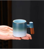 2-Oz Ceramic Espresso Cups with Wood Handle, 2/4-Piece Set for Coffee, Tea, Latte - Dishwasher Safe, Multi-Color & Wood Styles, Gift & Café Use (blue white, Wooden Handle2)