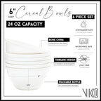 Vikko Cereal Bowls, Large 24 Ounce Dessert Bowls, White Cereal Bowls, Fine Bone China Bowls, Set of 4, Microwave and Dishwasher Safe