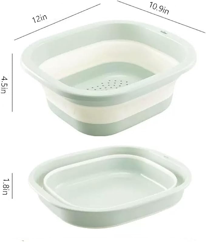 2pcs Folding Colander Bowls Strainers for Kitchen, Double Layer Drain Basket and Fruits Bowl, Multipurpose Food Prep Container for Pasta, Spaghetti, Vegetables, & Fruit Draining (GREEN)