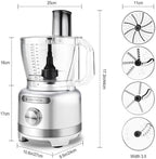 Homtone 16 Cup Food Processor, 9 Functions 7 Blades 3 Speeds for Shredding, Slicing, Doughing, Emulsfying and Meat Vegetable Chopping for Home Use, 600W (Sliver)