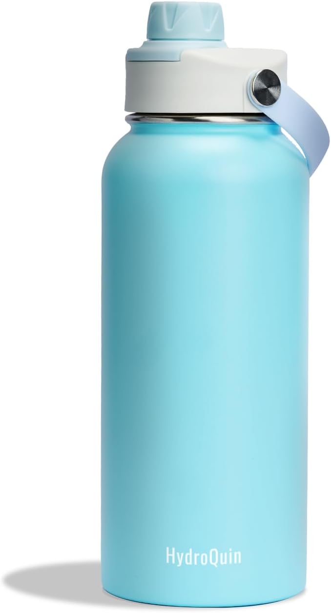 32oz Water Bottle with Comfort Grip Handle, HydroQuin Gym Water Bottle, Insulated Steel Water Bottle with Wide Mouth, No Straw