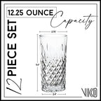 Vikko Drinking Glass, Set of 12 Crystal Style Tall Beverage Glasses, 12.25 Ounce Old Fashioned Highball Glasses, Dishwasher Safe Textured Collins Glass