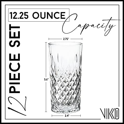 Vikko Drinking Glass, Set of 12 Crystal Style Tall Beverage Glasses, 12.25 Ounce Old Fashioned Highball Glasses, Dishwasher Safe Textured Collins Glass