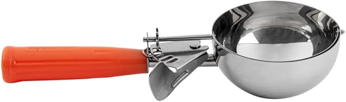 Restaurantware Met Lux 8 Ounce Portion Scoop 1 Durable Disher Scoop - Thumb Trigger Orange Stainless Steel Ice cream Disher For Portion Control For Ice Cream Mashed Potato And Cookie Batter