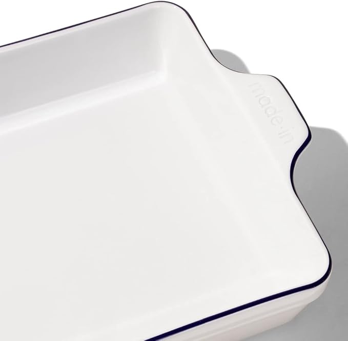 Made In Cookware - Square Baking Dish - Navy Rim - Hand Crafted Porcelain - Professional Bakeware - Made in France