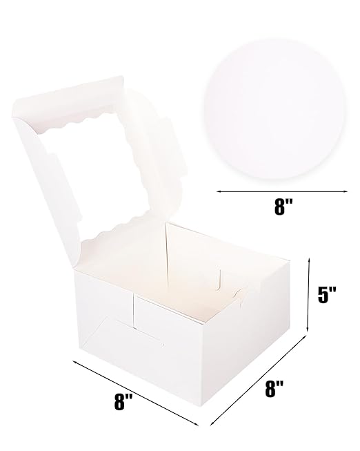 qiqee 8x8x5 Cake Box, 18 Sets White Cake Box with Window ＆ 18 Sets 8" White Cake Round Boards, 8inch Cake Containers, 10 Meters Gold Silk Ribbon