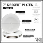 Vikko Dessert Plate, Set of 4 White Plates, Fine Porcelain, Stackable 7 Inch Dessert Plates, Dishwasher Safe, 7/'' Dessert Plate