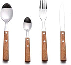 Forks and Spoons Silverware Set, HAPPY KIT Wooden Handle Flatware Set 16-Piece (4 Sets) 18/8 Stainless Steel Cutlery Set Wooden Spoons Dinner Knife Dinner Fork and Spoon Set