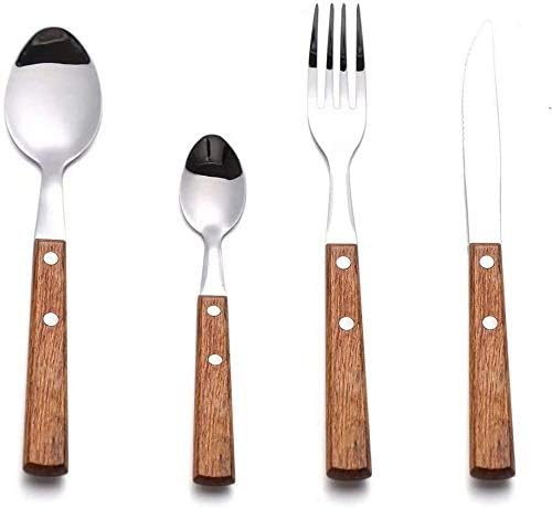 Forks and Spoons Silverware Set, HAPPY KIT Wooden Handle Flatware Set 16-Piece (4 Sets) 18/8 Stainless Steel Cutlery Set Wooden Spoons Dinner Knife Dinner Fork and Spoon Set