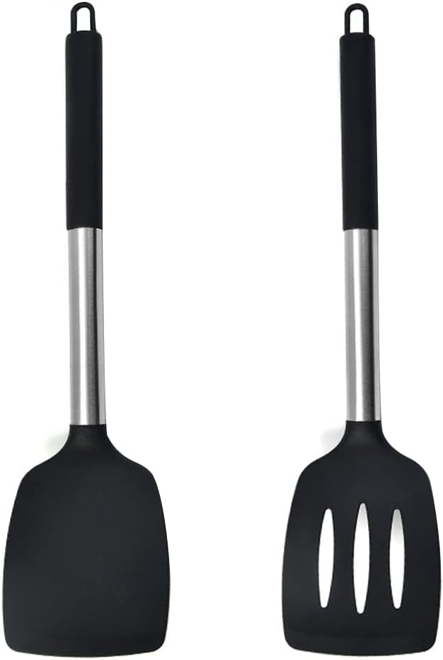 2Pack Small Silicone Turner High Heat Resistant Slotted Spatula for Fish, Eggs, Pancakes and More (Set of 2, Black2)