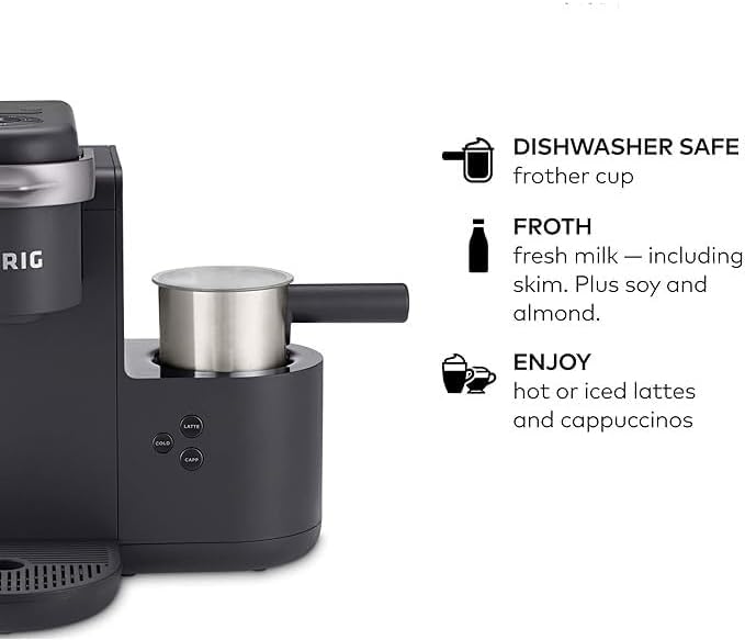 Milk Frother Cup Replacement For The Keurig K-Café Coffee Makers, Compatible With Keurig K-Café Coffee Makers Only. 34 ounce, Charcoal Frother. Hot and Cold Frothing, Stainless Steel/Plastic Handle