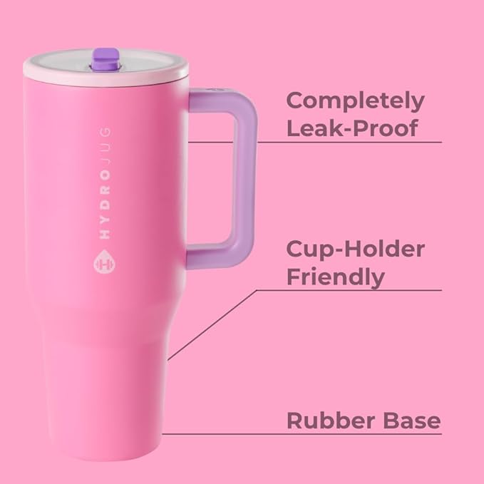 HydroJug Traveler - 40 oz Water Bottle with Handle & Flip Straw - Fits in Cup Holder, Leak Resistant Tumbler-Reusable Insulated Stainless Steel & Rubber Base - Gifts for Women & Men, Pink Sugar