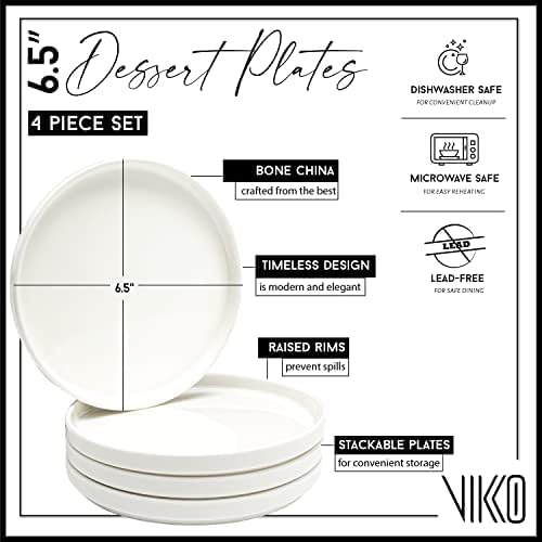 Vikko Appetizer Plate, Set of 4 White Plates, Elegant Raised Rim Bone China, Stackable 6.5 Inch Dessert Plates, Dishwasher Safe