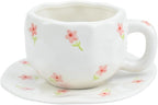 Koythin Ceramic Coffee Mug with Saucer Set, Cute Pink Small Flower Cup Unique for Office and Home, 10 oz/300 ml for Latte Tea Milk
