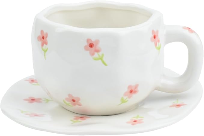 Koythin Ceramic Coffee Mug with Saucer Set, Cute Pink Small Flower Cup Unique for Office and Home, 10 oz/300 ml for Latte Tea Milk