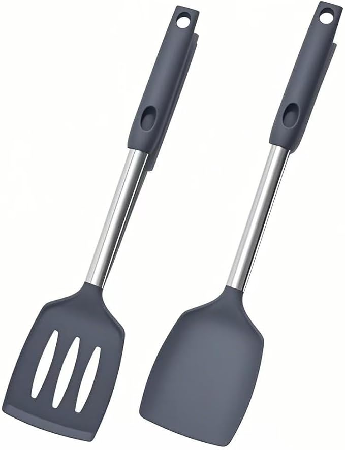 Silicone Spatulas Turners, Solid & Slotted Silicone Spatula Set, Non Stick Turners,Ailsoes Heat Resistant BPA Free Rubber Spatulas for Fish, Eggs, Pancakes, WOK，2 Pack (Gray)
