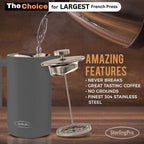 French Press Coffee Maker -Double Walled Large Coffee Press with 2 Extra Filters-Enjoy Granule-Free Coffee, Stylish Rust Free Kitchen Accessory-Stainless Steel (Grey, 2L)