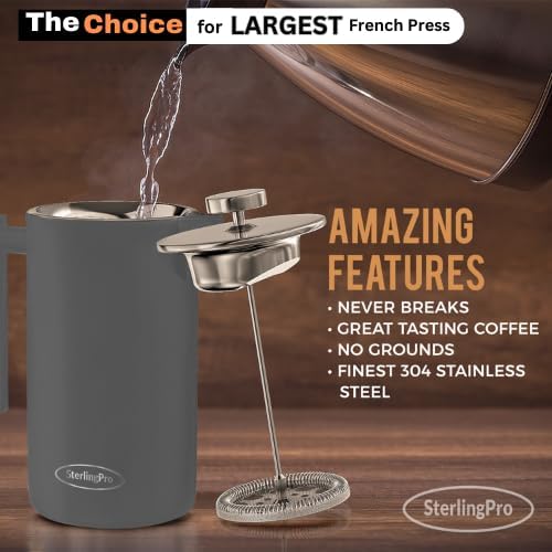 French Press Coffee Maker -Double Walled Large Coffee Press with 2 Extra Filters-Enjoy Granule-Free Coffee, Stylish Rust Free Kitchen Accessory-Stainless Steel (Grey, 2L)