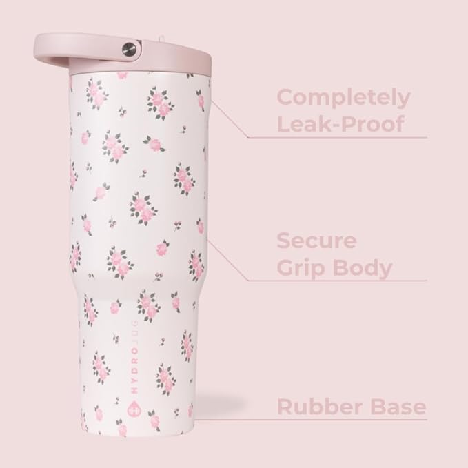 HydroJug Sport - Stainless Steel Tumbler with Straw, Vacuum Insulated, 40oz Leakproof Water Bottle, Ergonomic Design, Reusable, Dishwasher Safe, Rubber Base, Durable for Gym or Outdoors, Wildrose